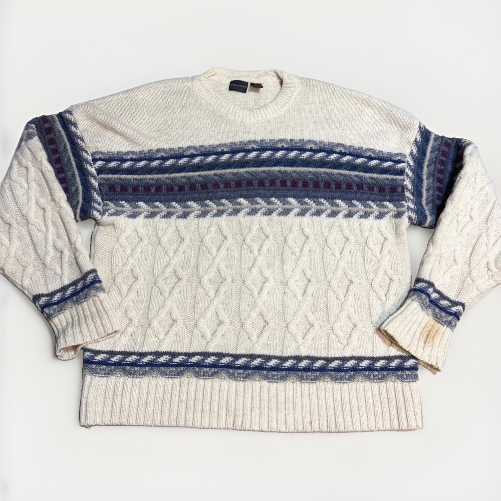 Structure Wool Sweater XL Vintage Cable Knit Fair Isle Cream Blue 100% Wool